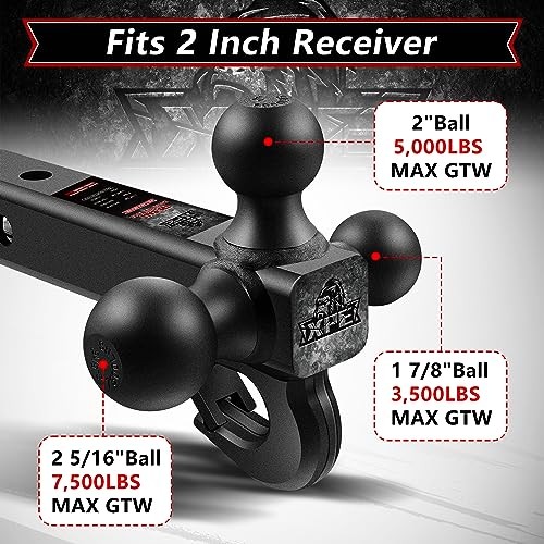 Trailer Hitch Tri Ball Mount with Hook,Fits 2” Hitch Receiver,1-7/8", A-Classic