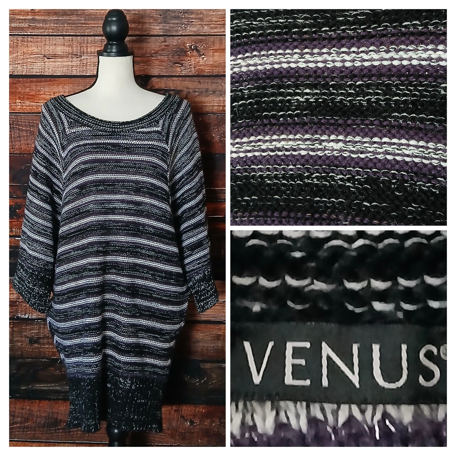 VENUS Sweater M Oversized Poncho Style Tunic Dolman Sleeves Striped