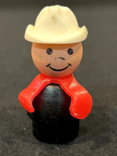 Vintage Original Fisher Price Little People Black Wooden Base White Fireman's Ha
