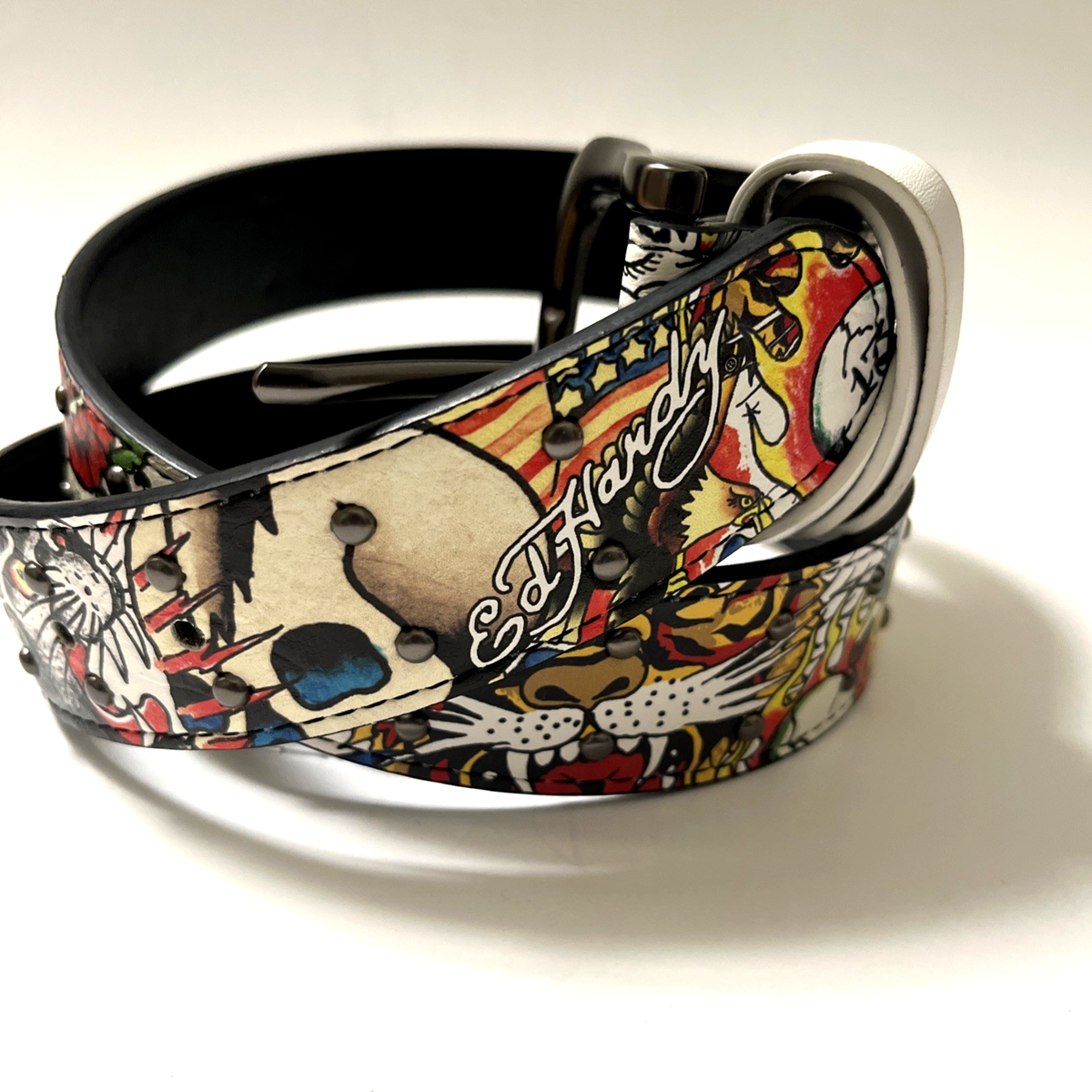 NWT Ed Hardy Tattoo Print Studded Belt PU Vegan Leather  display picture 2