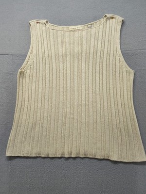 Amanda Smith Women Ribbed Tank Top L Beige S Boat Neck Pullover Knit Comfort