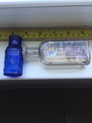 2 Bottles- Embossed Carol D. S. Fruh   & A Cobalt Blue Bromo Seltzer