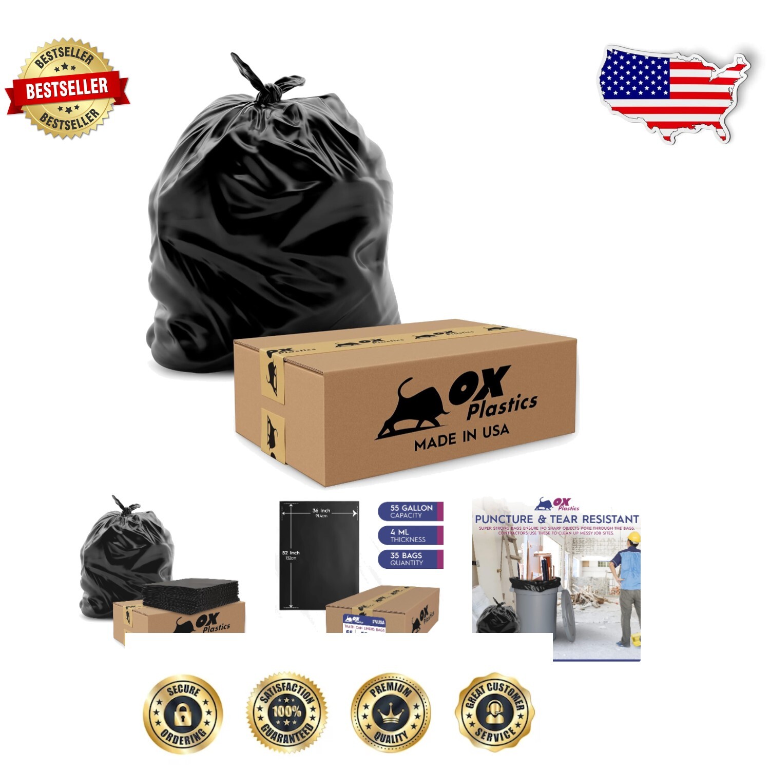 Puncture-Resistant 35 Count 55 Gallon Garbage Bags - Extra Heavy Duty Solution