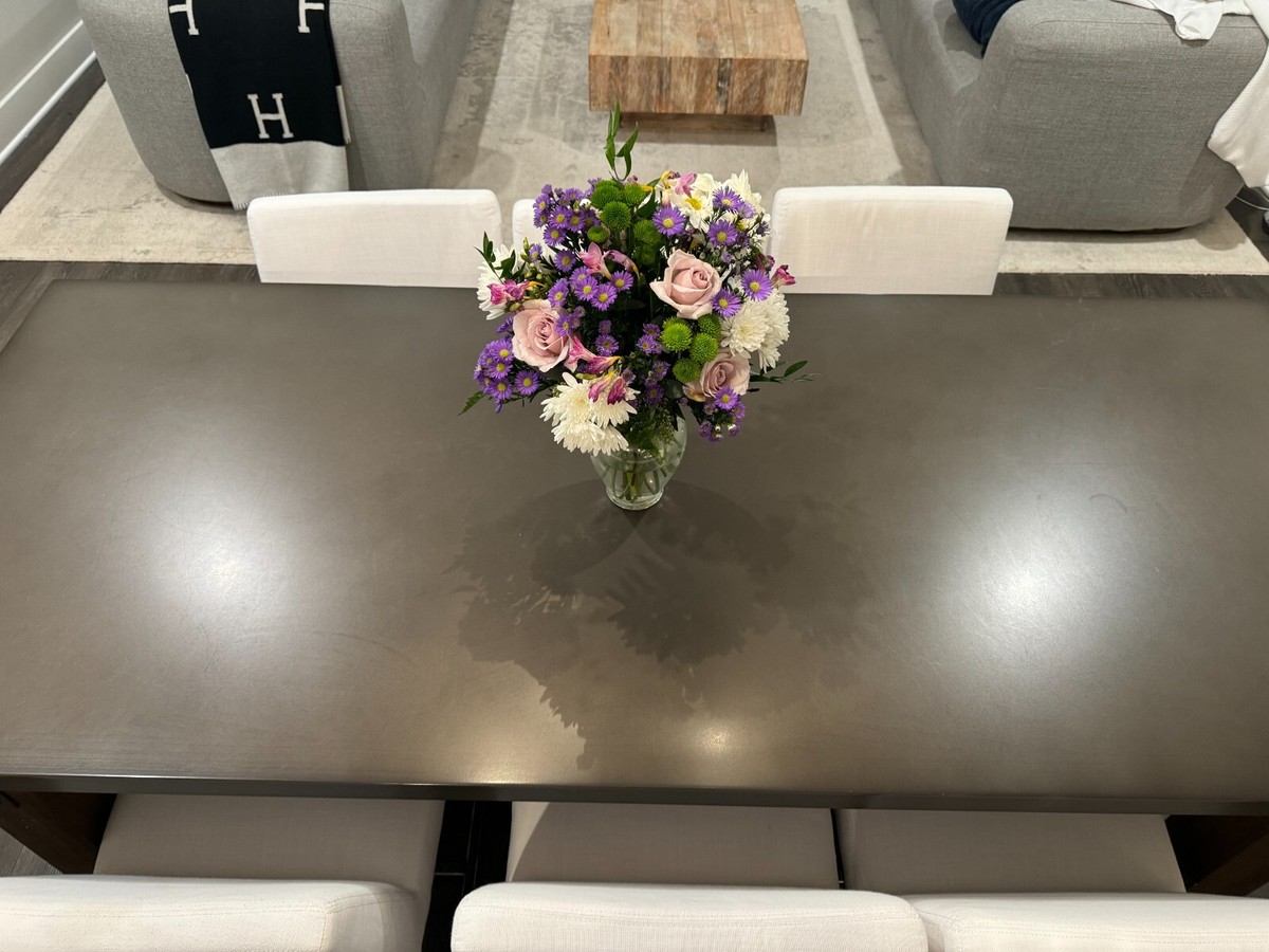RH Restoration Hardware Dining Table & Metal & Fabric Chairs