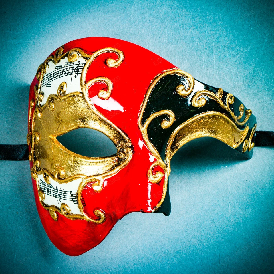 Red Phantom Of The Opera Musical Gold Lining Black Masquerade Venetian Men Mask - Image 2 of 4