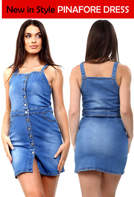 NEW PERFECT WOMEN S LADIES NEW BUTTON FRONT SEXY PINAFORE DUNGAREE DRESS 8  TO18 | eBay