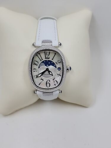 Judith Ripka Silvertone Stainless Steel White Leather Strap Moon Phase Watch