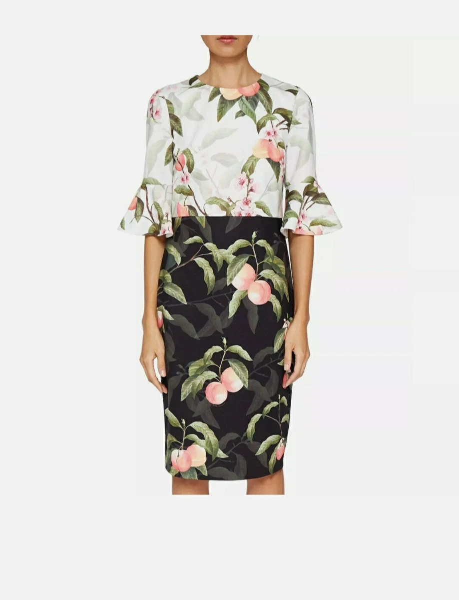 Ted Baker Areea Ruffle Cuffs Peach Blossom Print Dress Size 2 UK 10
