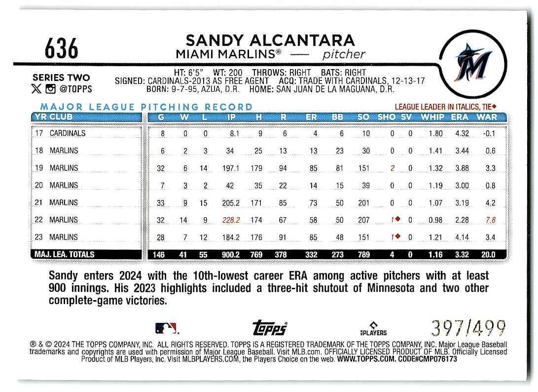 2024 TOPPS GREEN FOIL SANDY ALCANTARA 397/499 MIAMI MARLINS #636