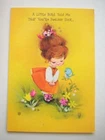 Young girl with Bluebird glitter sleeves get well vintage greeting card *G6