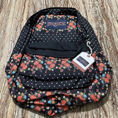 JanSport Backpack Black Floral Polka-Dot Durable Backpack 