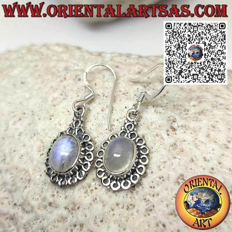 Orecchini in argento 925 ‰  con pietra di luna ovale contornato da cerchi - Immagine 3 di 4