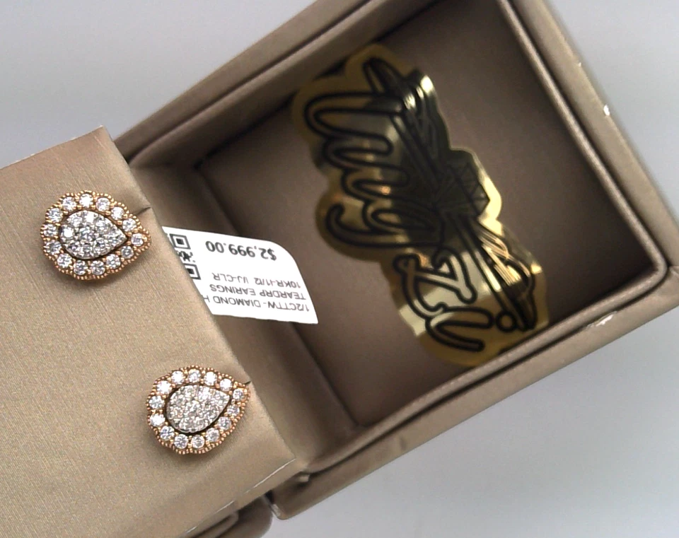 $3000⭐10k ROSE Gold⭐1/2CTTW NATURAL DIAMOND HALO CLUSTER TEARDROP Stud EARRINGS - Image 3 of 4