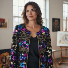 Black Sequins Blazer Formal Jacket Statement Silk Beaded Sz Large Petite VTG