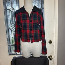 Vintage Red Green Plaid Cropped Jacket with Black Collar