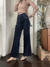 Vtg 70s High Rise Suede Bell Bottoms Studs Lined Disco Rock N Roll Western 30  