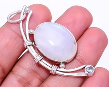 Rainbow Moonstone - India  Blue Topaz 925 Sterling Silver Pendant 2.15" P32