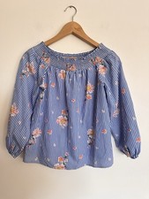 Floral Blue and White Striped Off-the-Shoulder Top | Blouse, Select, Size UK 8