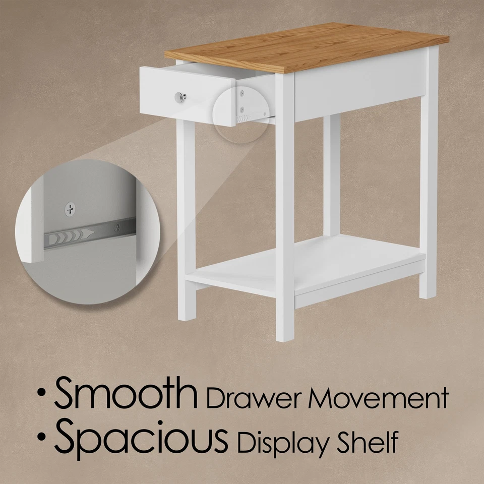 Bed Side Table Small Night Stand with Drawer Open Storage Shelf End Table, White - Image 3 of 4