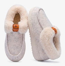 Pmoiste Faux Fur Lined Moccasin Slippers Beige Slip-On Rubber Sole 6.5