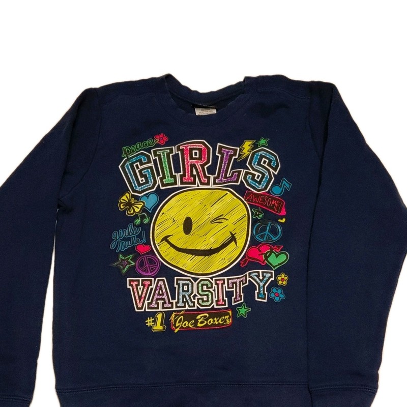 Joe Boxer Girls Varsity Smiley Face Pullover Sweatshirt Navy Blue L (10/12)