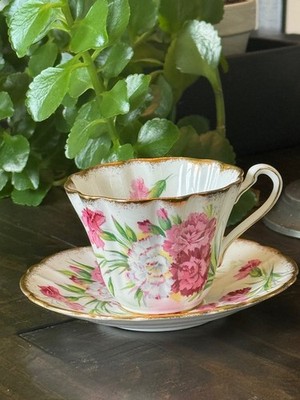 Royal Stafford ''Carnation'' Teacup & Saucer   Pink Carnation Flowers, Gold Trim 
