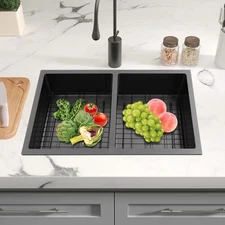 31*18-in Stainless Steel Double Bowl Sink Kitchen Sink with Grid & Drainer Black