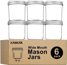 KAMOTA Wide Mouth Mason Jars 10 oz, 10oz 6 Count (Pack of 1), Clear 
