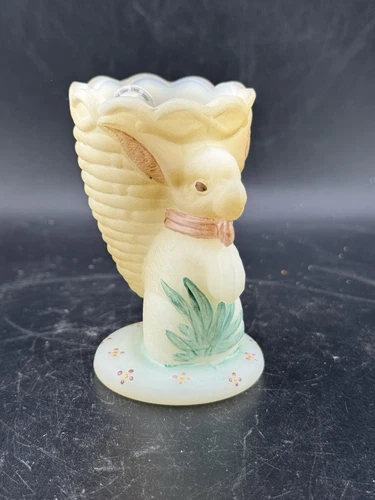 Fenton Bunny Egg Cup, Ivory Sanded Glass Hand Painted Signed Dennis Thornton