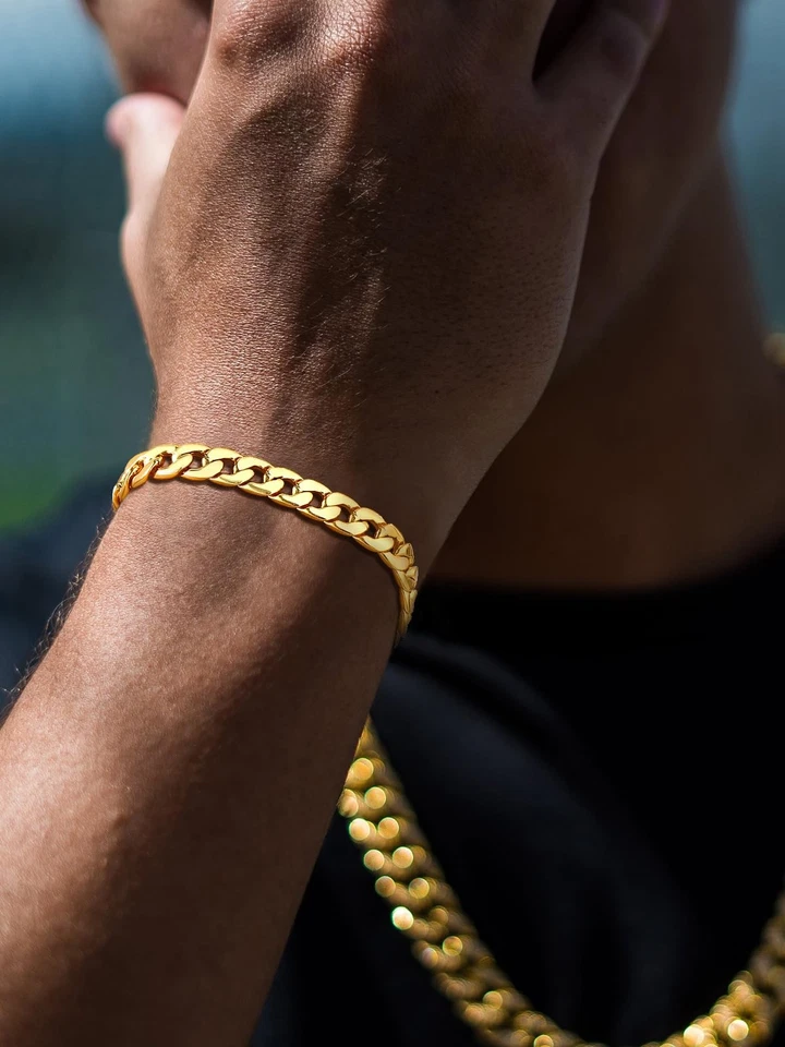 Brazalete de eslabones cubanos chapado en oro de 18 quilates de acero inoxidable cadena Miami de 7 mm de 8,3" Foto 3 de 4