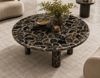 Handcrafted Black Agate Stone Coffee Table | Modern Luxury Mosaic Furniture