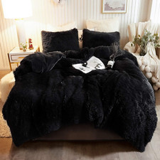 Luxury Plush Shaggy Duvet Cover Set - King Size Black Faux Fur Bedding