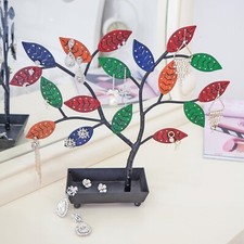 Multicolored Metal Leaf Jewelry Tree Earring Hanger w/ Ring Tray, Jewelry Tower