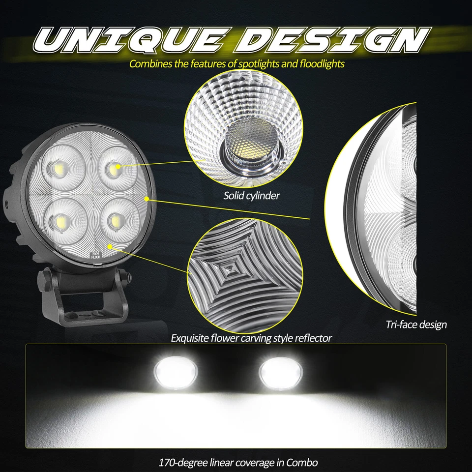 2X For JEEP JK JL 4" 80W LED Round Offroad Combo Driving Lights Pods Headlights  - Image 3 of 4