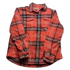 Duluth Trading Co Shacket Mens L Orange Blue Plaid Flannel Fleece Lined Jacket