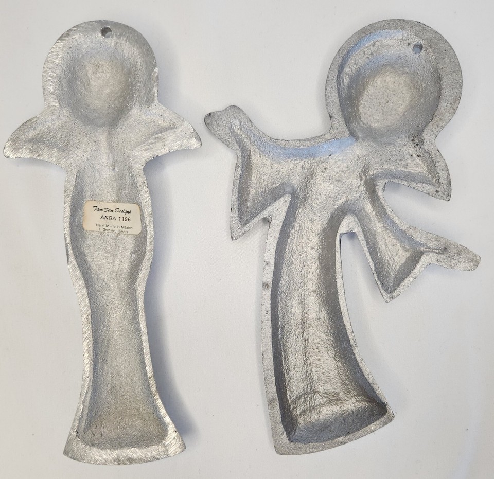 Vintage Mexican Pewter Handmade Angels Set of 2 Religious Wall Art