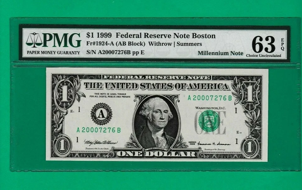 1999 $1 Federal Reserve Millennium Note Serial Number " 2000-7273 " PMG - Image 2 of 3
