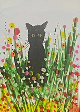 Aceo art PRINT black Cat tall flowers by Lynne Kohler 2.5x3.5"