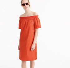 J Crew Off Shoulder Dress Womens Size 00 Orange Short Sleeves Poplin Cotton