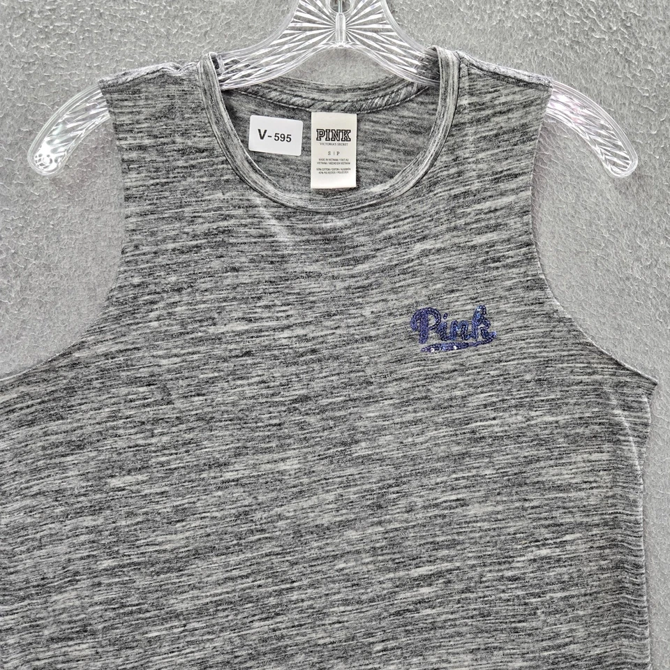 Camiseta sin mangas ROSA Victoria's Secret para mujer pequeña gris lentejuelas parpadeo logotipo ombre Foto 4 de 4