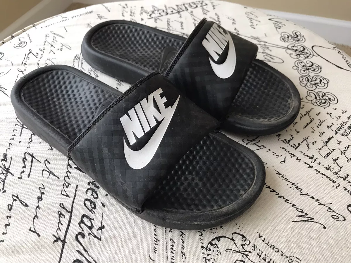 Nike Benassi Slides Sandals Flip Flop Swoosh Black White Women&#039;s US Size 9 eBay