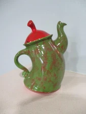 Whimsical dancing McCoy 2013 ceramic lidded tea pot kettle green & red lid 9''