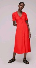 Whistles UK 10 Red Ada Ruched Detail Midi Dress Short Puff Sleeve Button Front