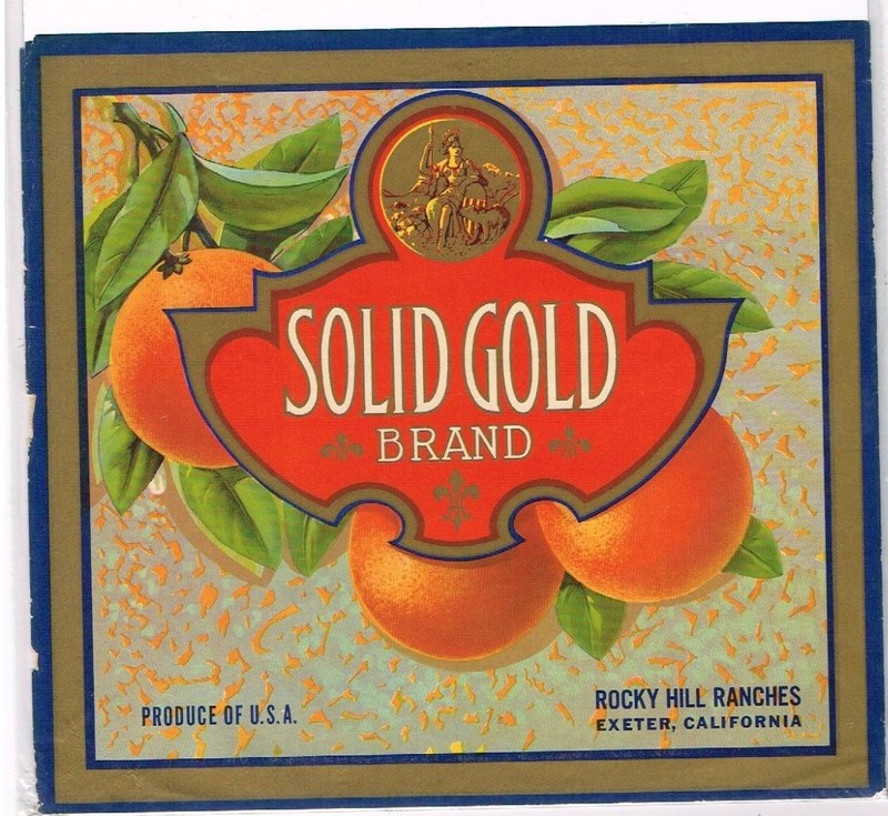 Vintage Original Fruit Crate Label: Solid Gold Brand; Rocky Hill Ranches, CA