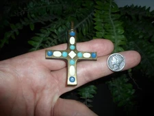 Vintage TERRA SANCTA GUILD - white + blue enamel - Christian Greek CROSS PENDANT