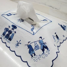 Blue & White Embroidered Tissue Cover Chinoisserie Style Long Horizontal Box