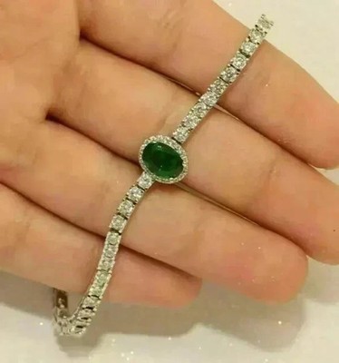8Ct Oval Cut Green Lab Created Women's Tennis Bracelet 14K White Gold Plated