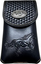 Western Leather Cell Phone Holster Case Embossed Stallion Horse Concho Black