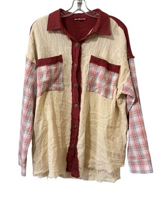 EASEL Women Sz Small Button Down Cotton Tunic Top Long Sleeve Patchwork Raw Hem