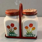 Vintage Anchor Hocking Fireking milk glass salt & pepper shakers w/metal holder